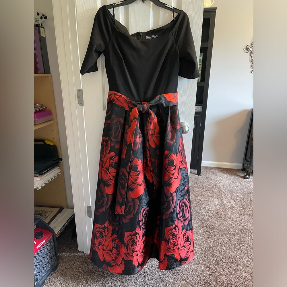 Absolutely stunning black and red floral dress with deep burgundy undertones.